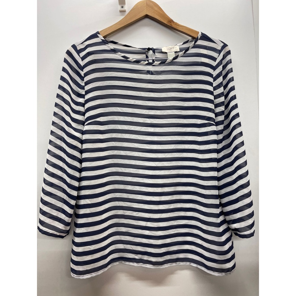 LOFT Ann Taylor Navy Blue White Striped Chiffon Blouse Medium Keyhole Back Top